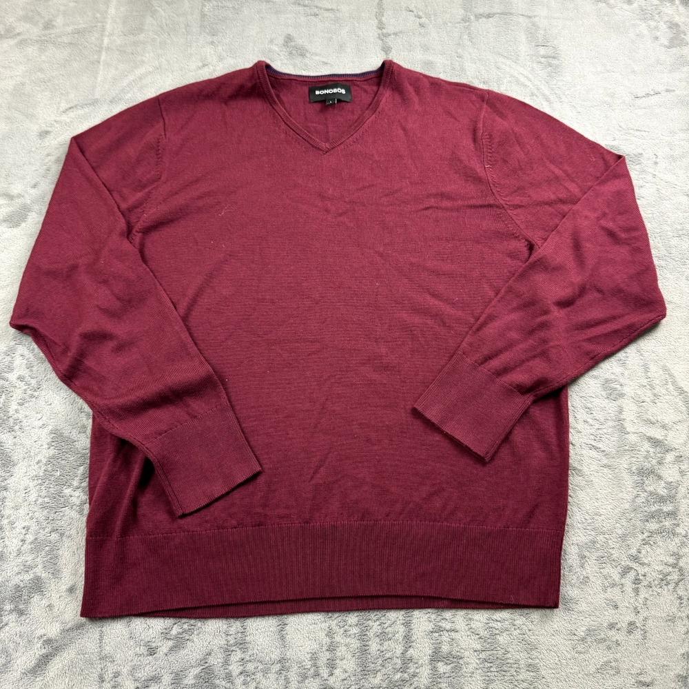 Bonobos Mens Sweater Size Large Merino Wool V-Neck Maroon‎ Soft Preppy Outdoors